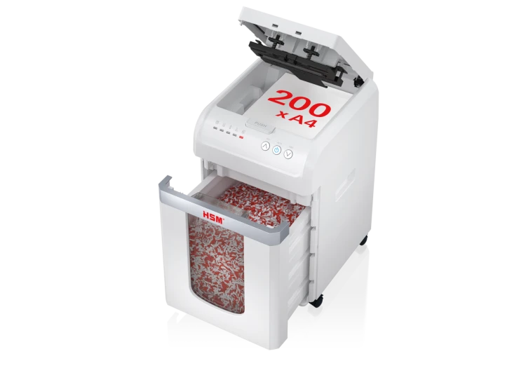 Niszczarka HSM shredstar X200 - widok 3d z otwartym koszem